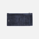 Navy blue wallet with a zipper on a light gray background