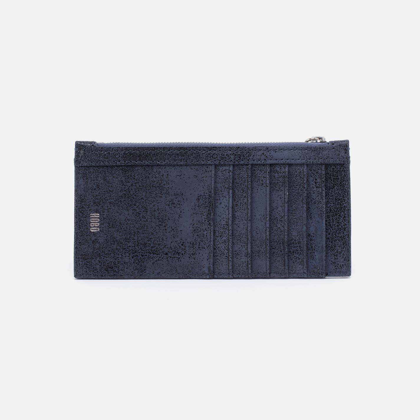 Navy blue wallet with a zipper on a light gray background