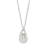 Silver teardrop pendant on a chain against a white background