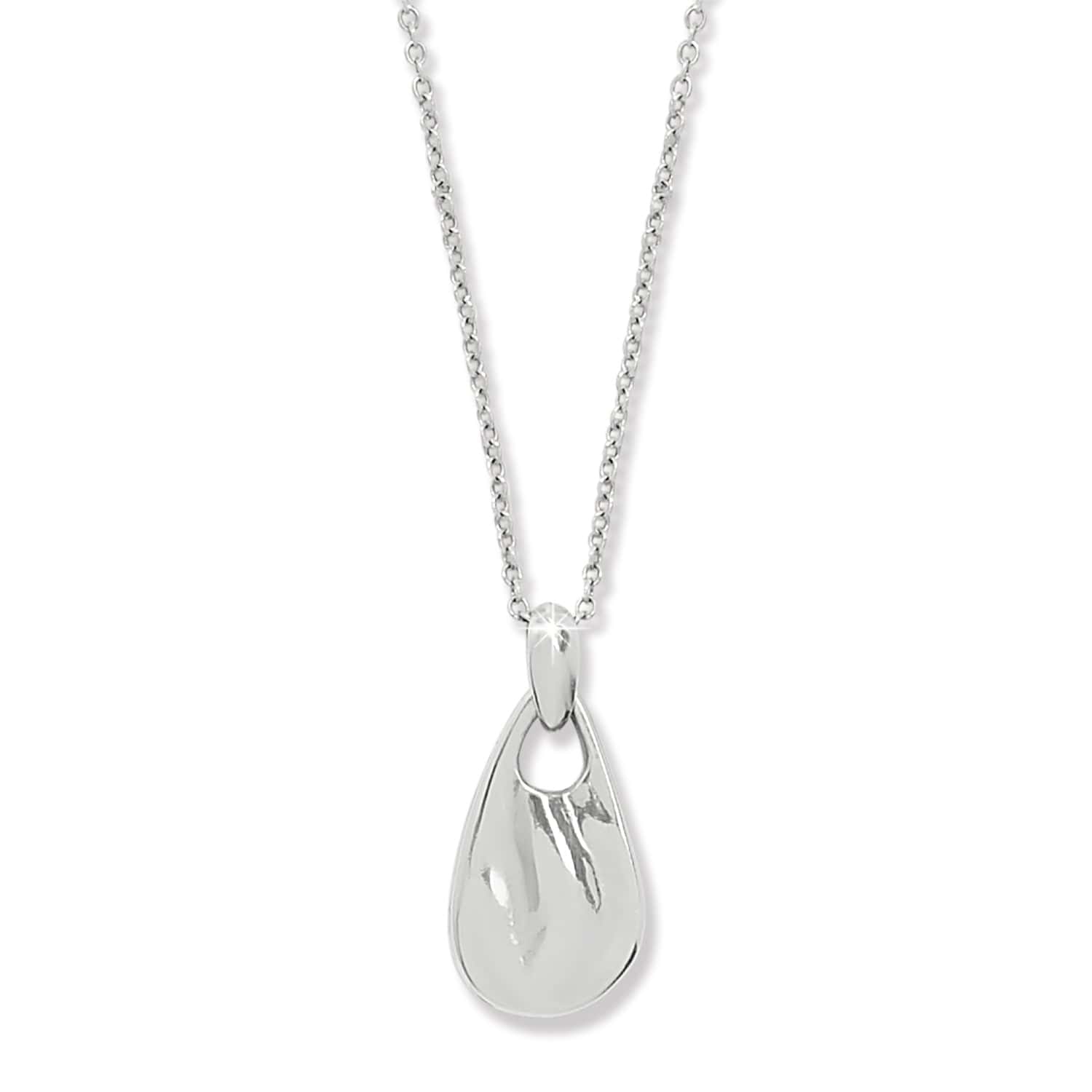 Silver teardrop pendant on a chain against a white background