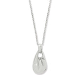 Silver teardrop pendant on a chain against a white background