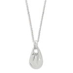 Silver teardrop pendant on a chain against a white background