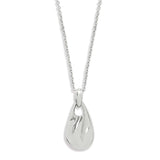Silver teardrop pendant on a chain against a white background