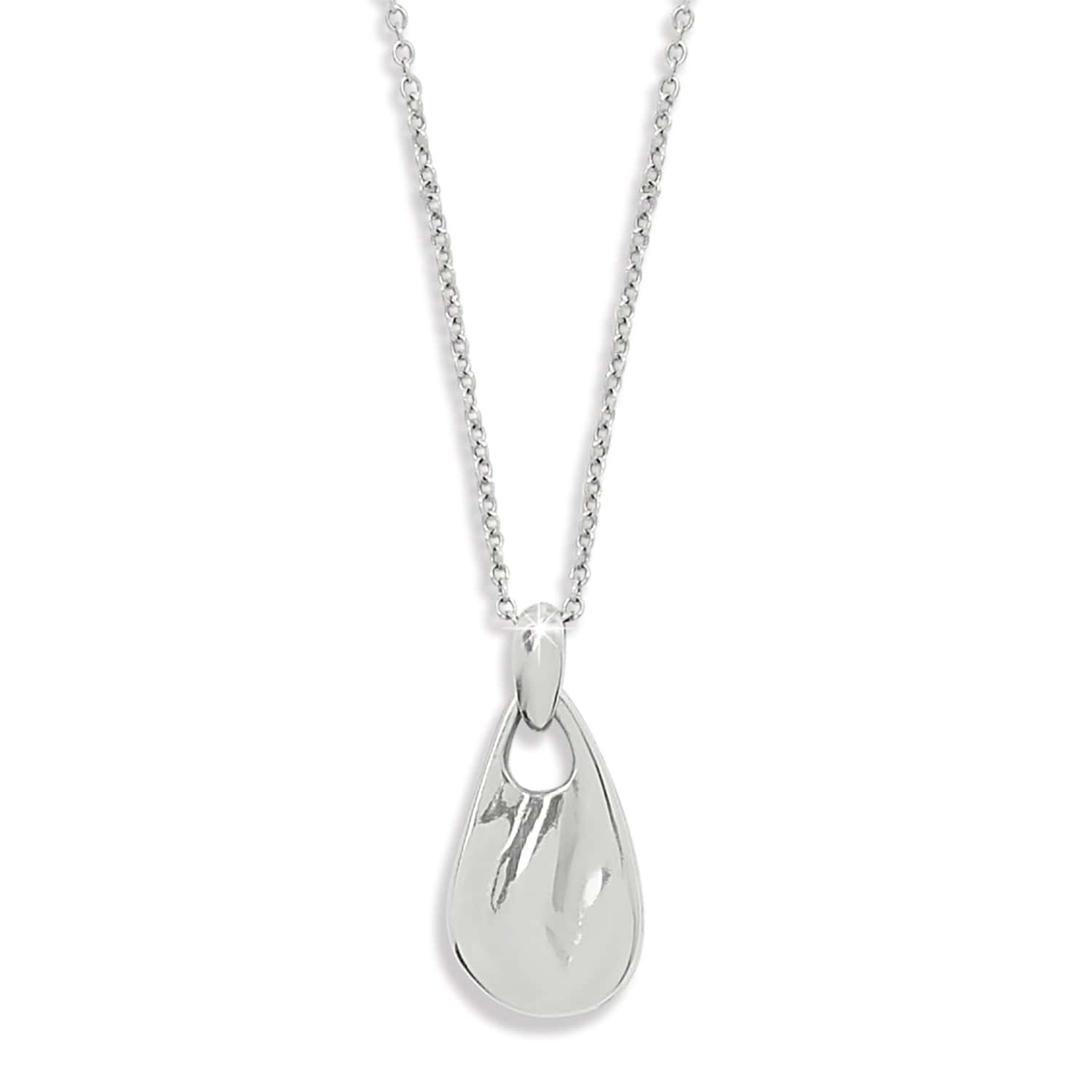 Silver teardrop pendant on a chain against a white background