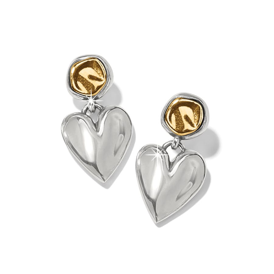 Heart-shaped earrings with gold and silver components on a white background