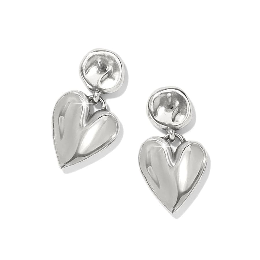Pair of silver heart-shaped earrings on a white background