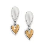 Pair of heart-shaped earrings with gold centers and silver outer parts on a white background