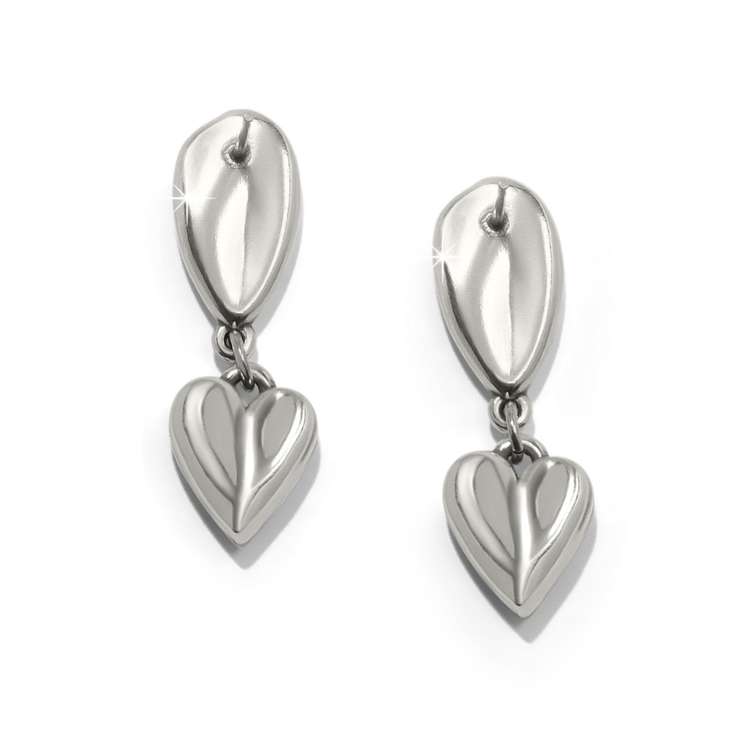 Pair of silver heart-shaped earrings on a white background