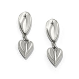 Pair of silver heart-shaped earrings on a white background