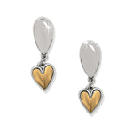 Heart-shaped earrings with gold and silver finish on a white background