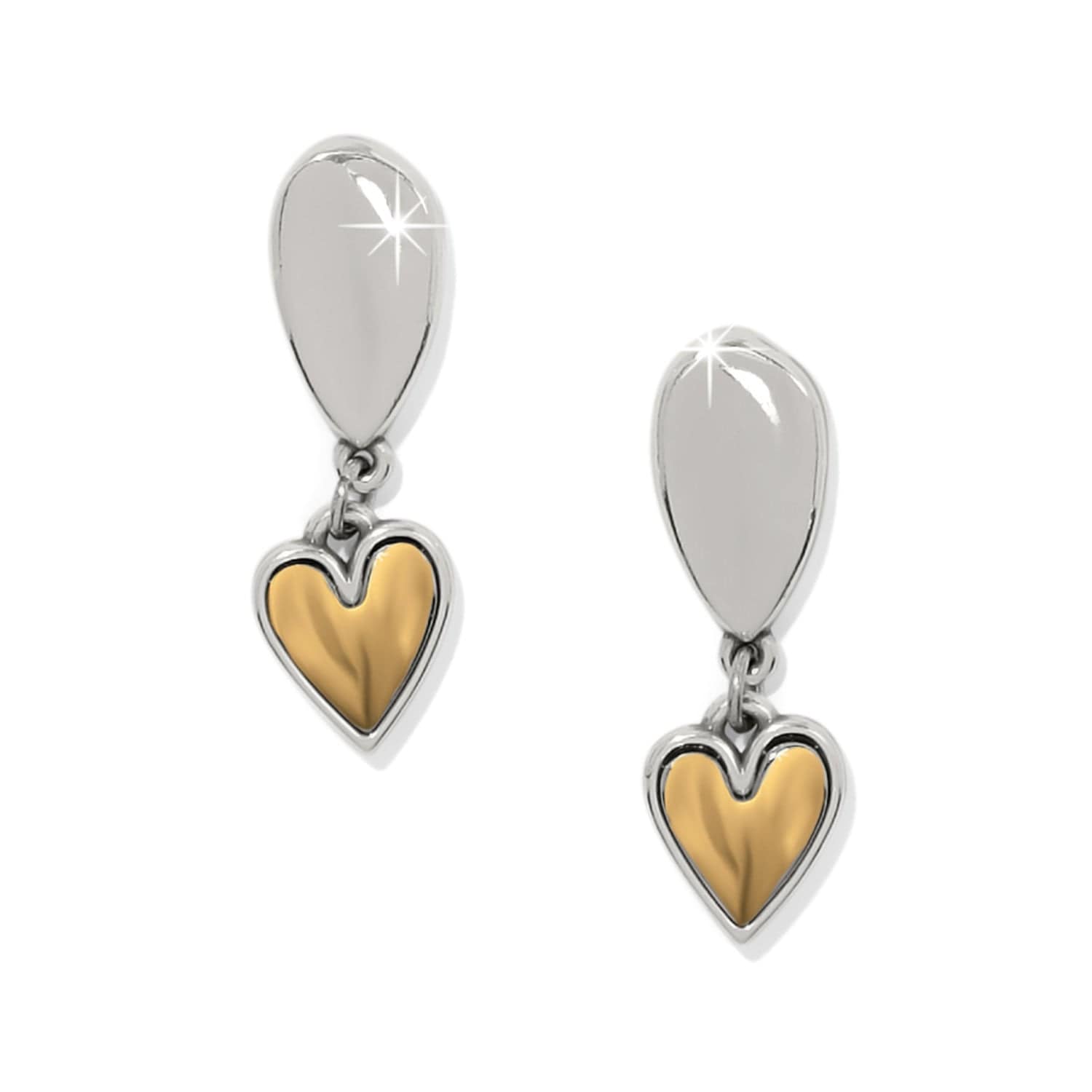 Heart-shaped earrings with gold and silver finish on a white background