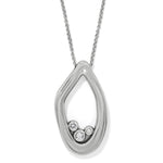 Silver teardrop-shaped pendant with embedded stones on a white background