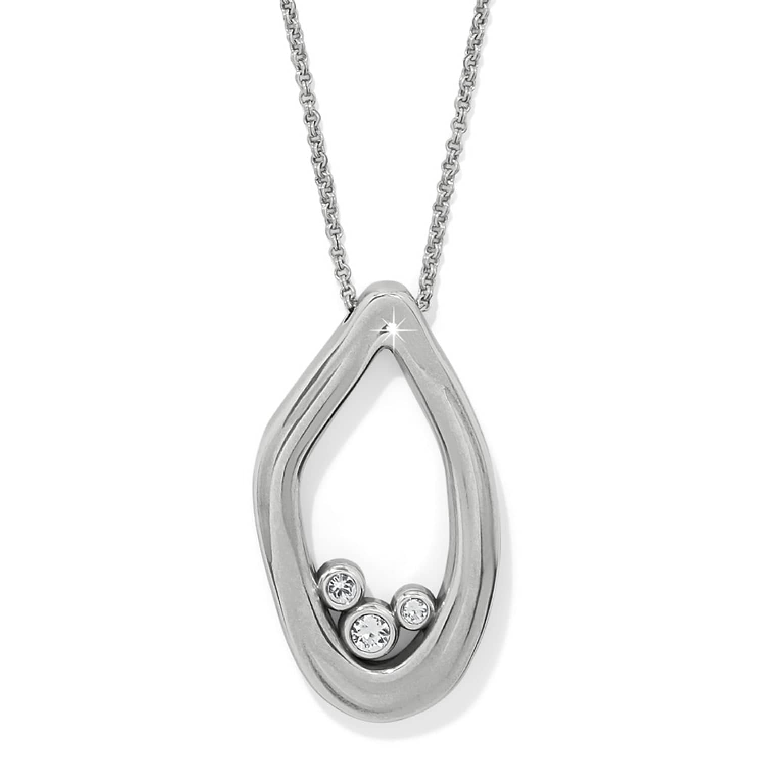 Silver teardrop-shaped pendant with embedded stones on a white background