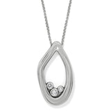 Silver teardrop-shaped pendant with embedded stones on a white background