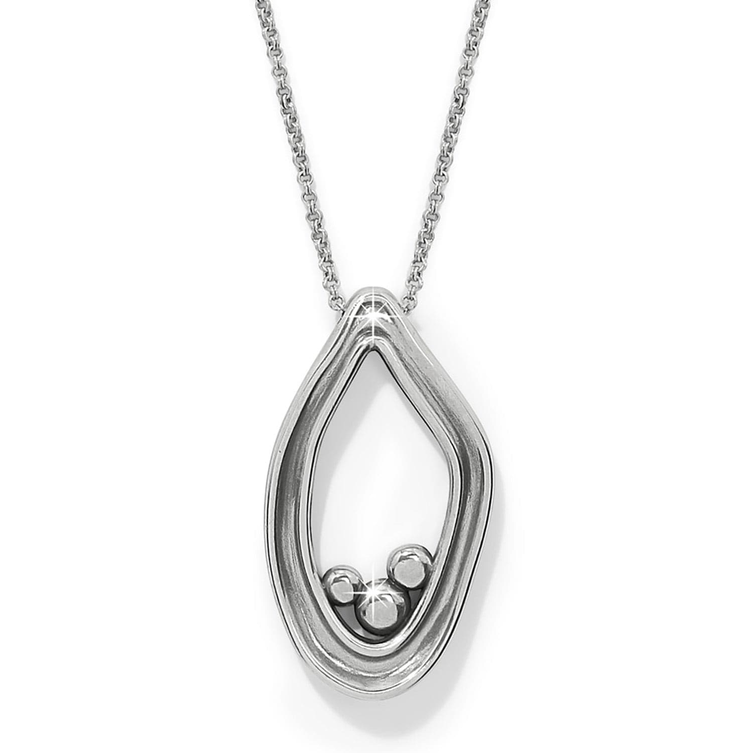 Silver teardrop-shaped pendant on a chain against a white background
