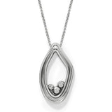 Silver teardrop-shaped pendant on a chain against a white background