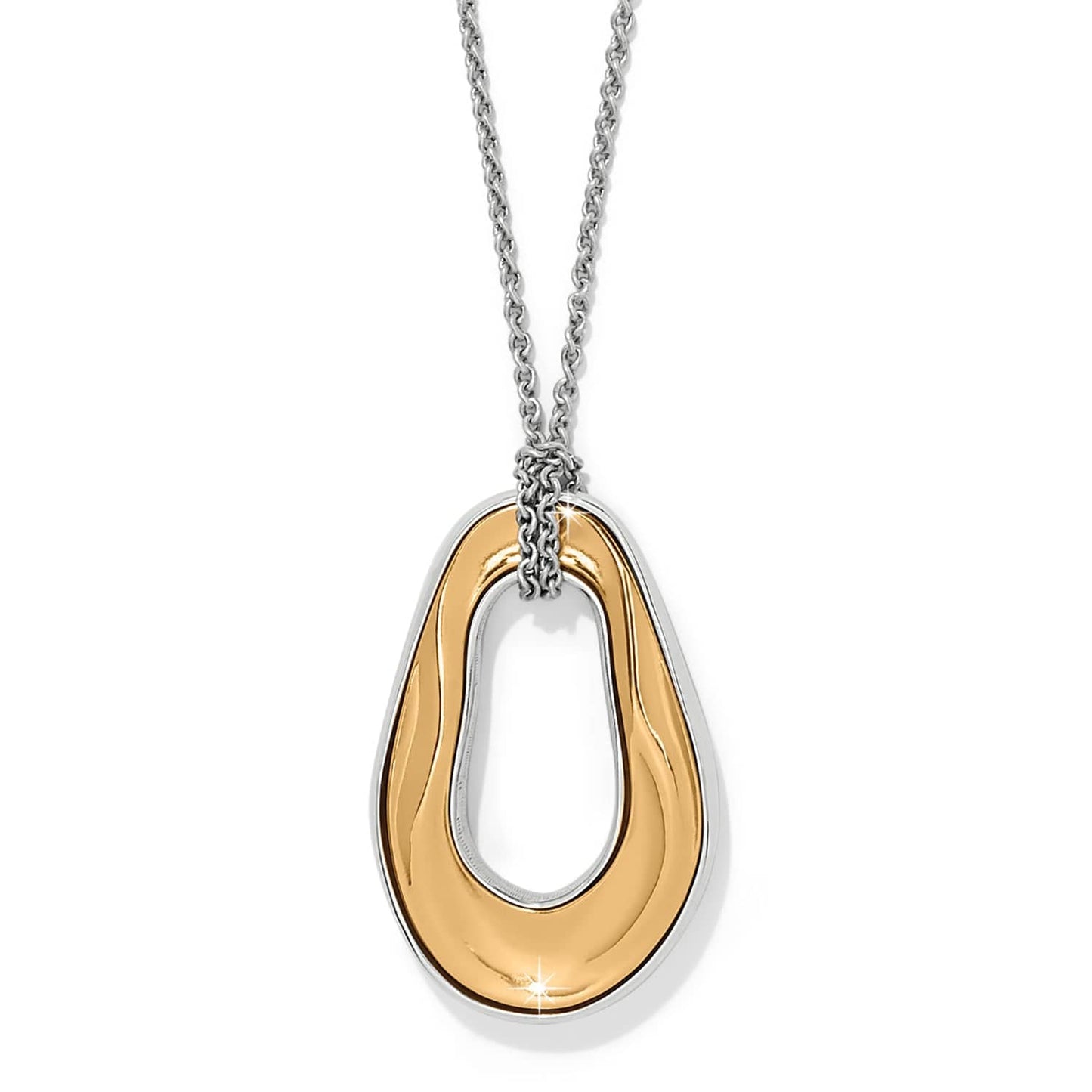 Two-tone gold and silver pendant necklace on a white background