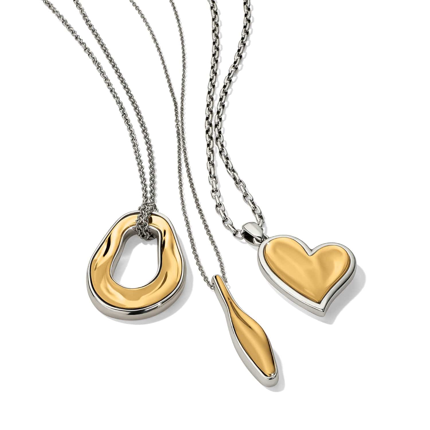 Two necklaces with gold pendants on white background