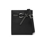 Black leather crossbody bag with studded detail on a white background