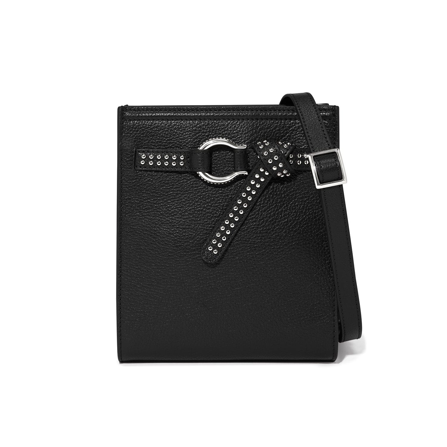 Black leather crossbody bag with studded detail on a white background