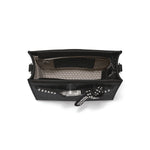 Black handbag with studded details on a white background