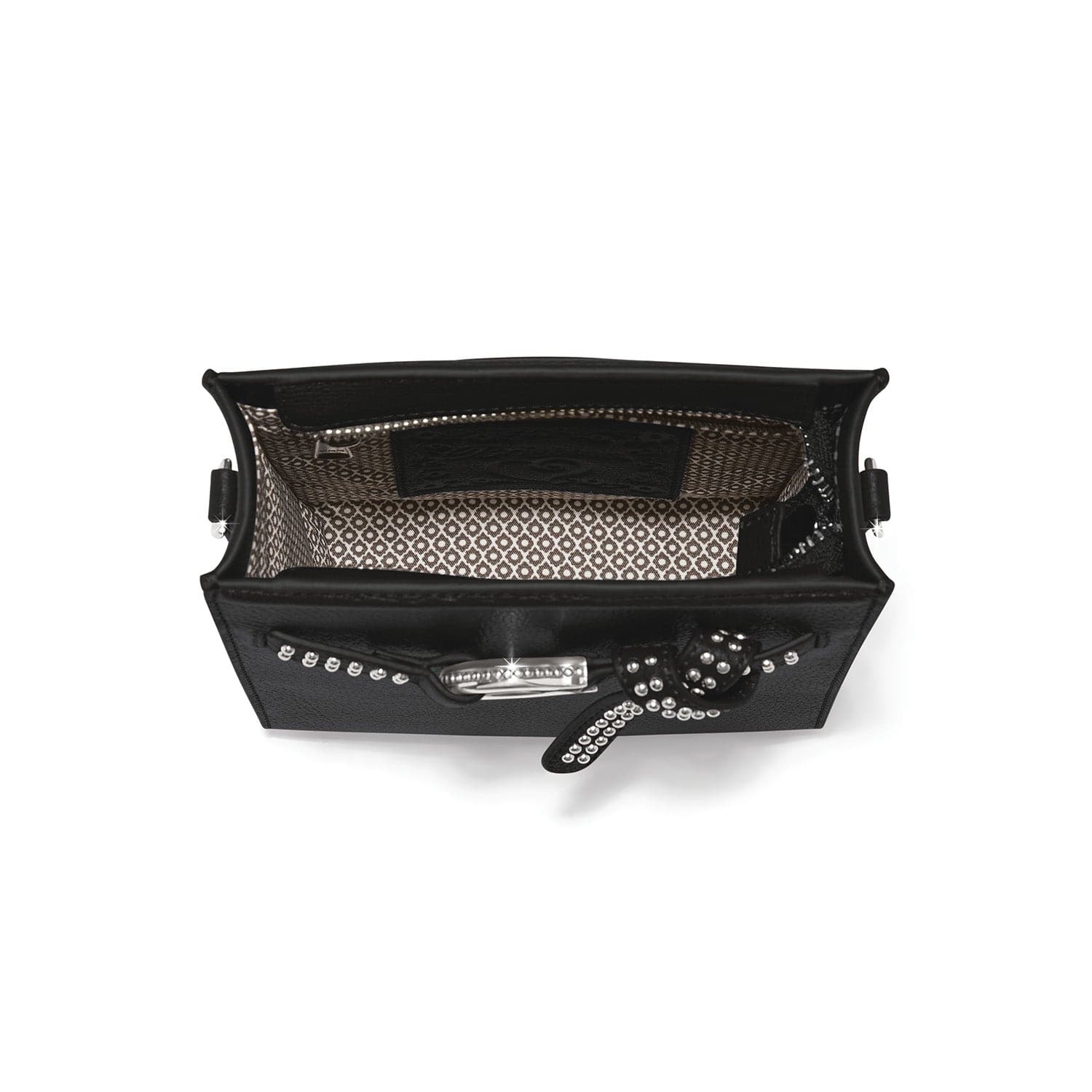 Black handbag with studded details on a white background