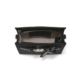 Black handbag with studded details on a white background