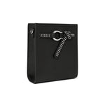 Black handbag with a decorative bow on a white background