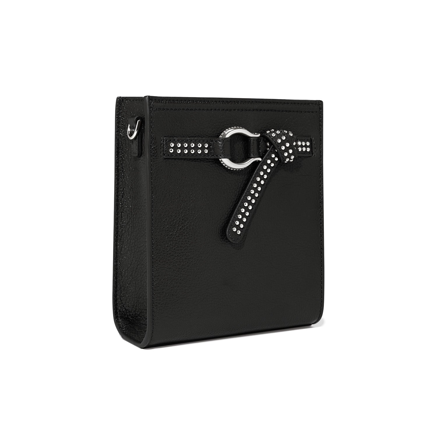 Black handbag with a decorative bow on a white background