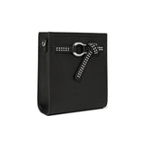 Black handbag with a decorative bow on a white background