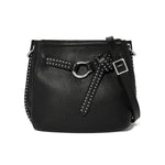 Black leather handbag with studded details on a white background