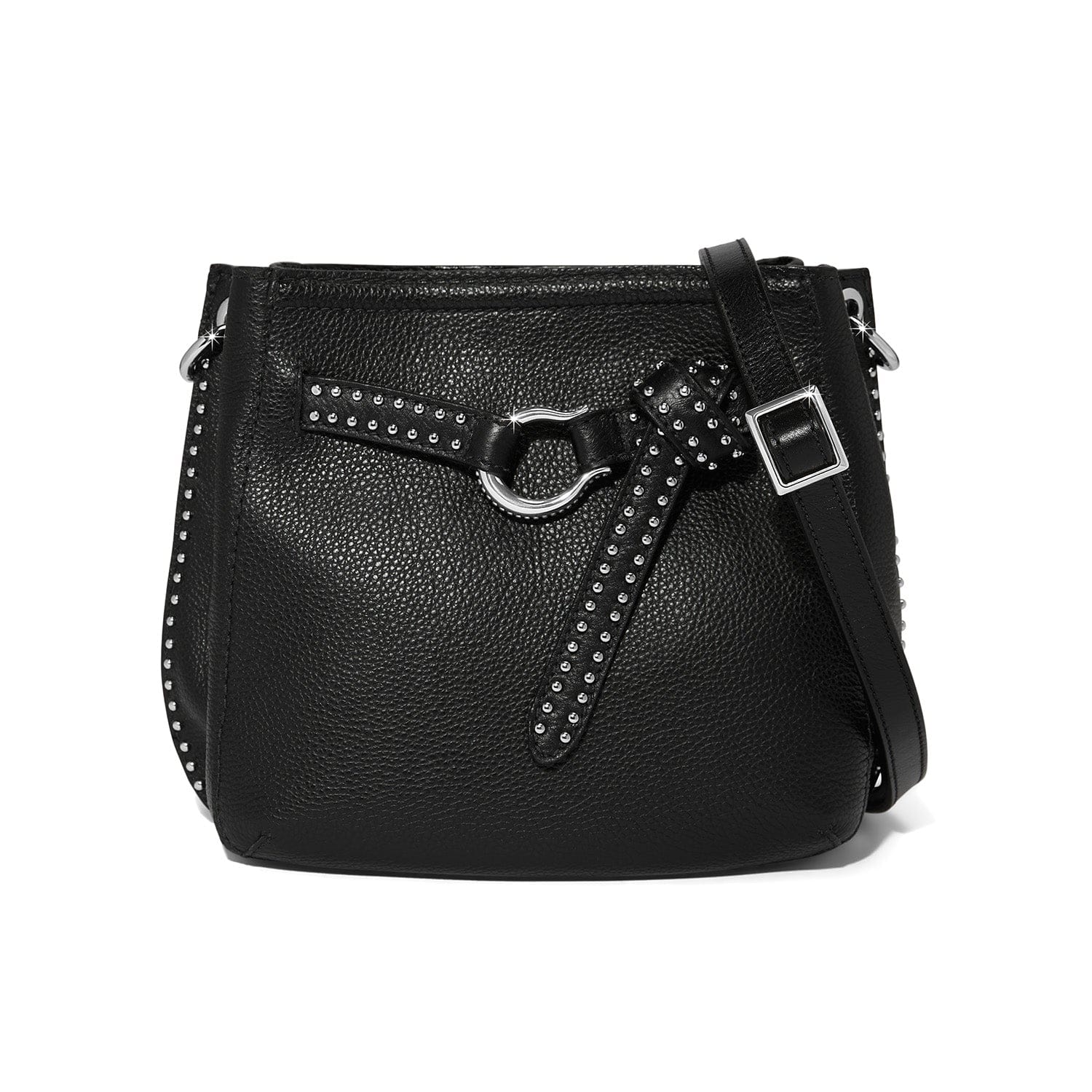 Black leather handbag with studded details on a white background