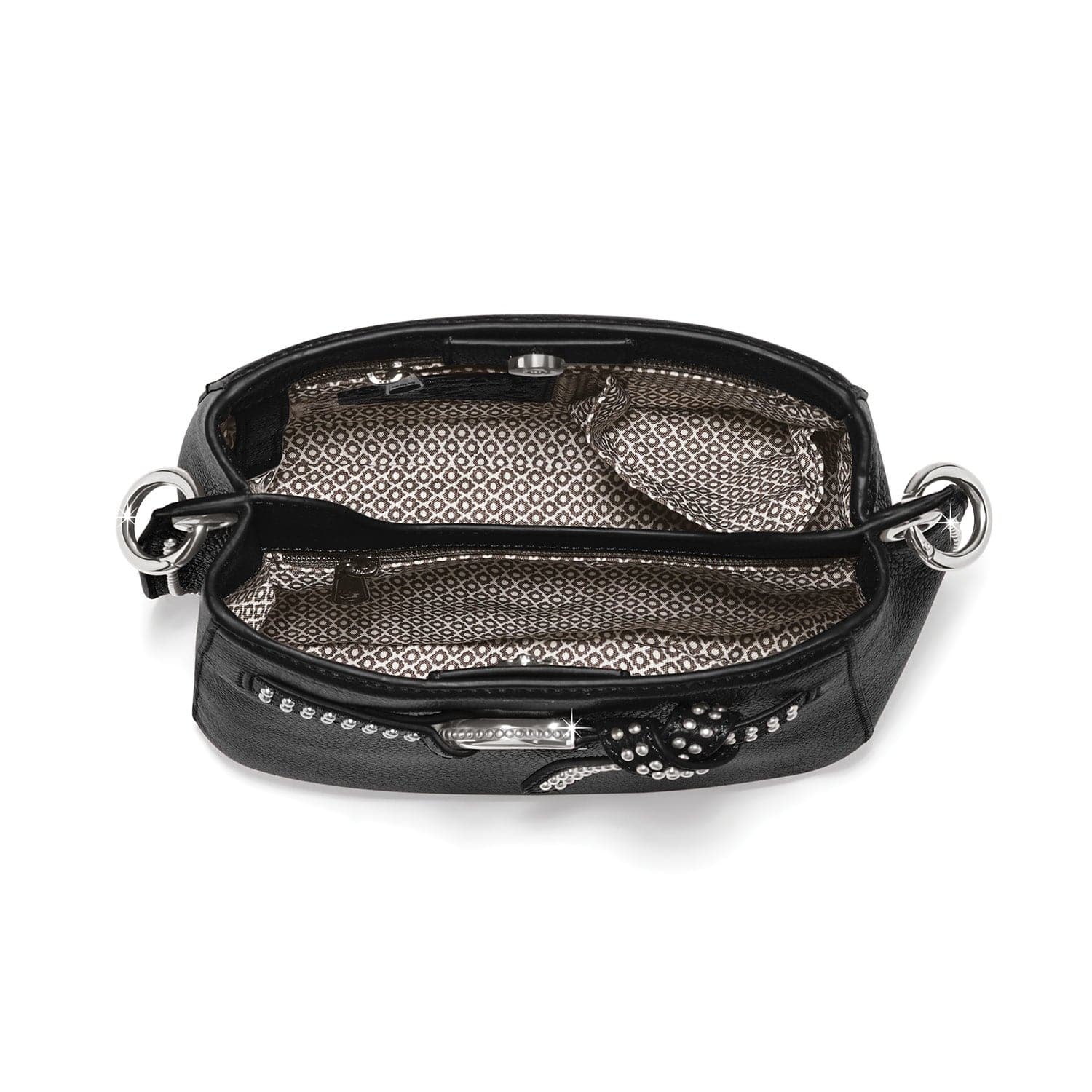 Black handbag with decorative elements on a white background