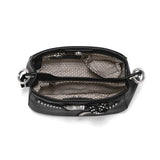 Black handbag with decorative elements on a white background