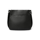 Black leather handbag on a white background