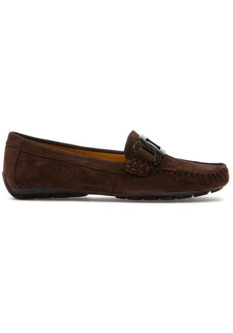 Brown suede loafer shoe on a white background