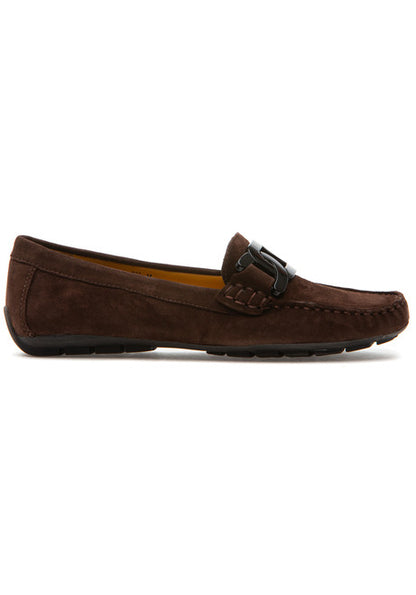 Brown suede loafer shoe on a white background