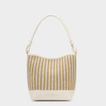 Woven handbag with cream base and beige top on a white background