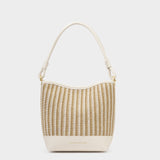 Woven handbag with cream base and beige top on a white background