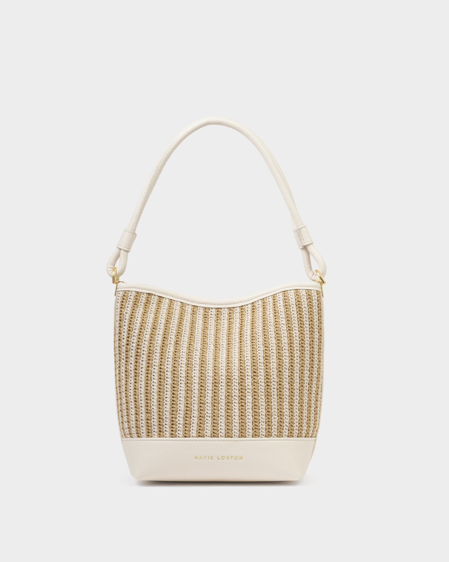Woven handbag with cream base and beige top on a white background