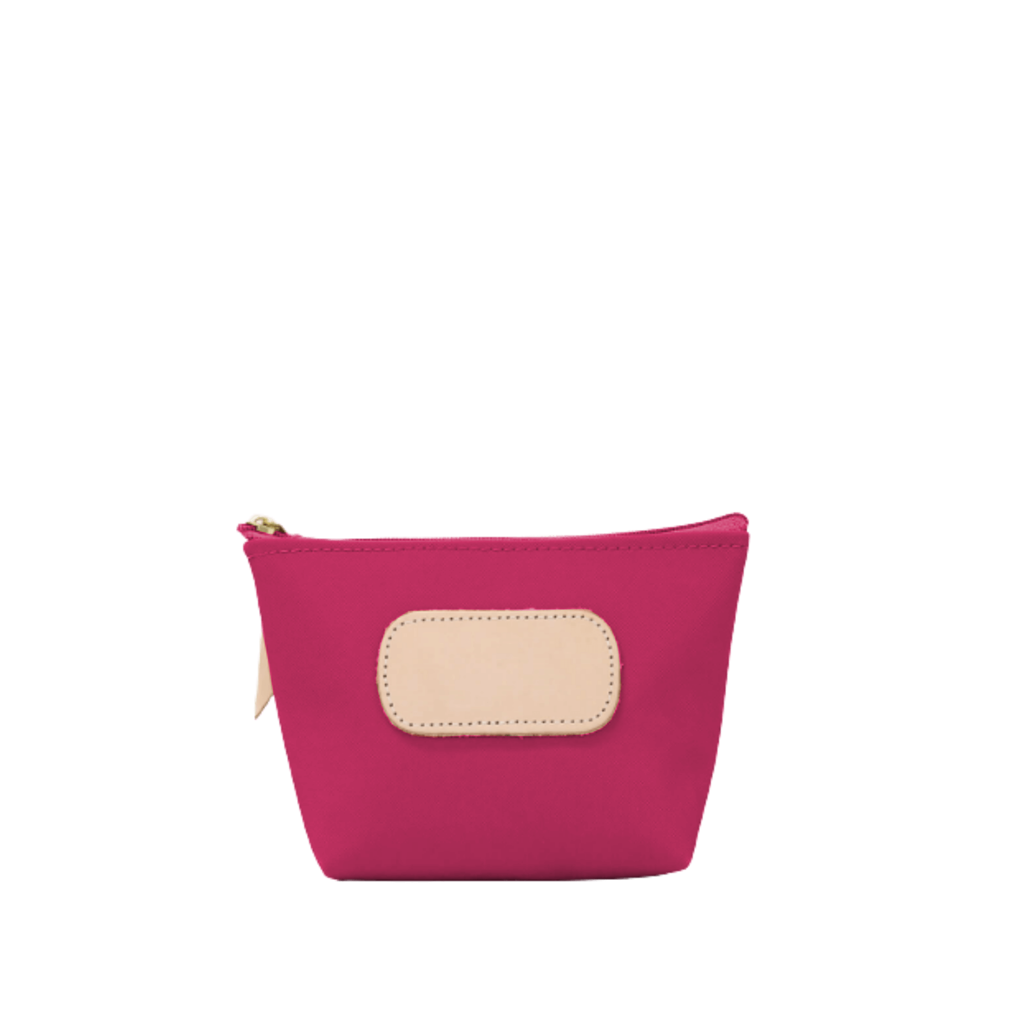 Pink pouch with beige patch on a white background