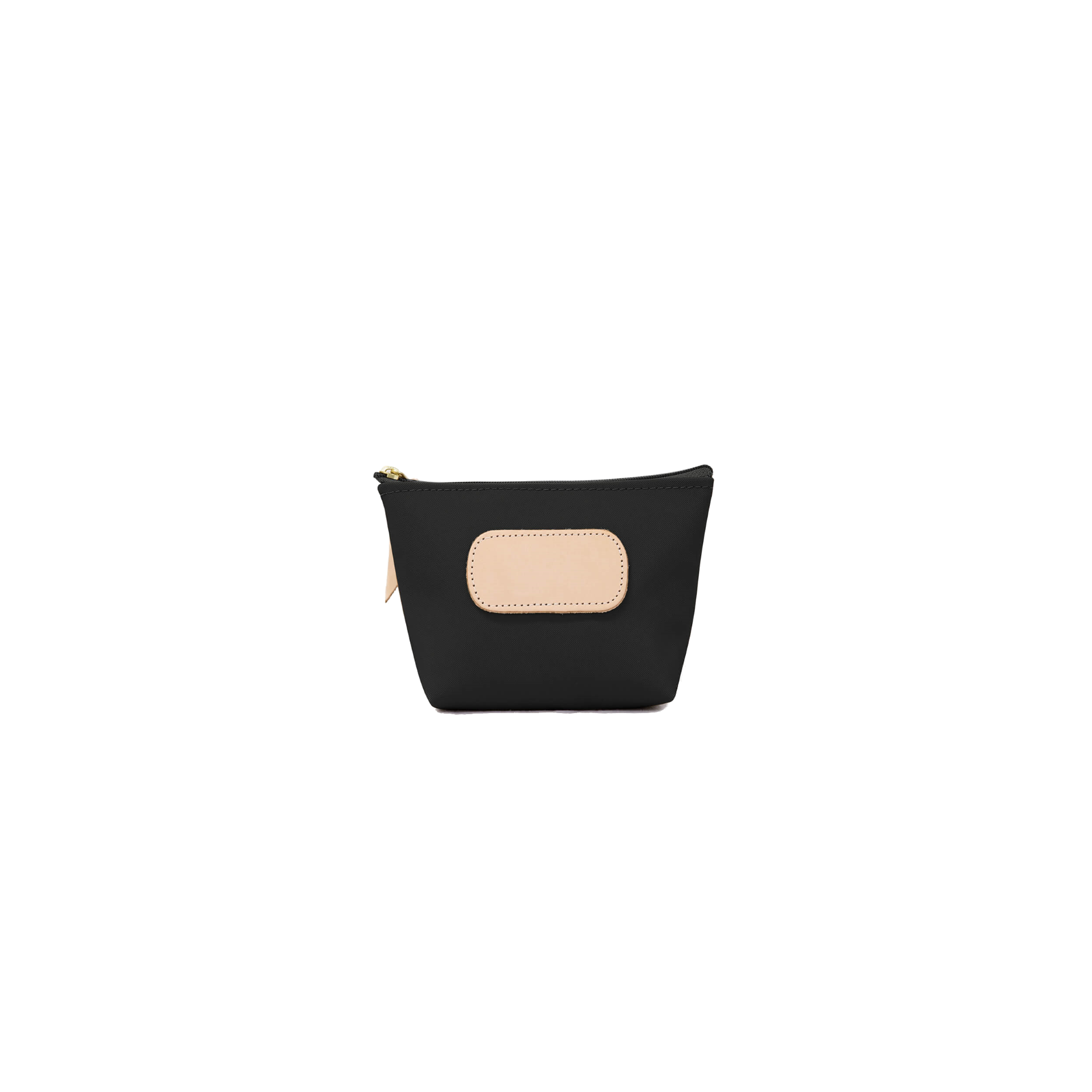 Black pouch with beige patch on a white background