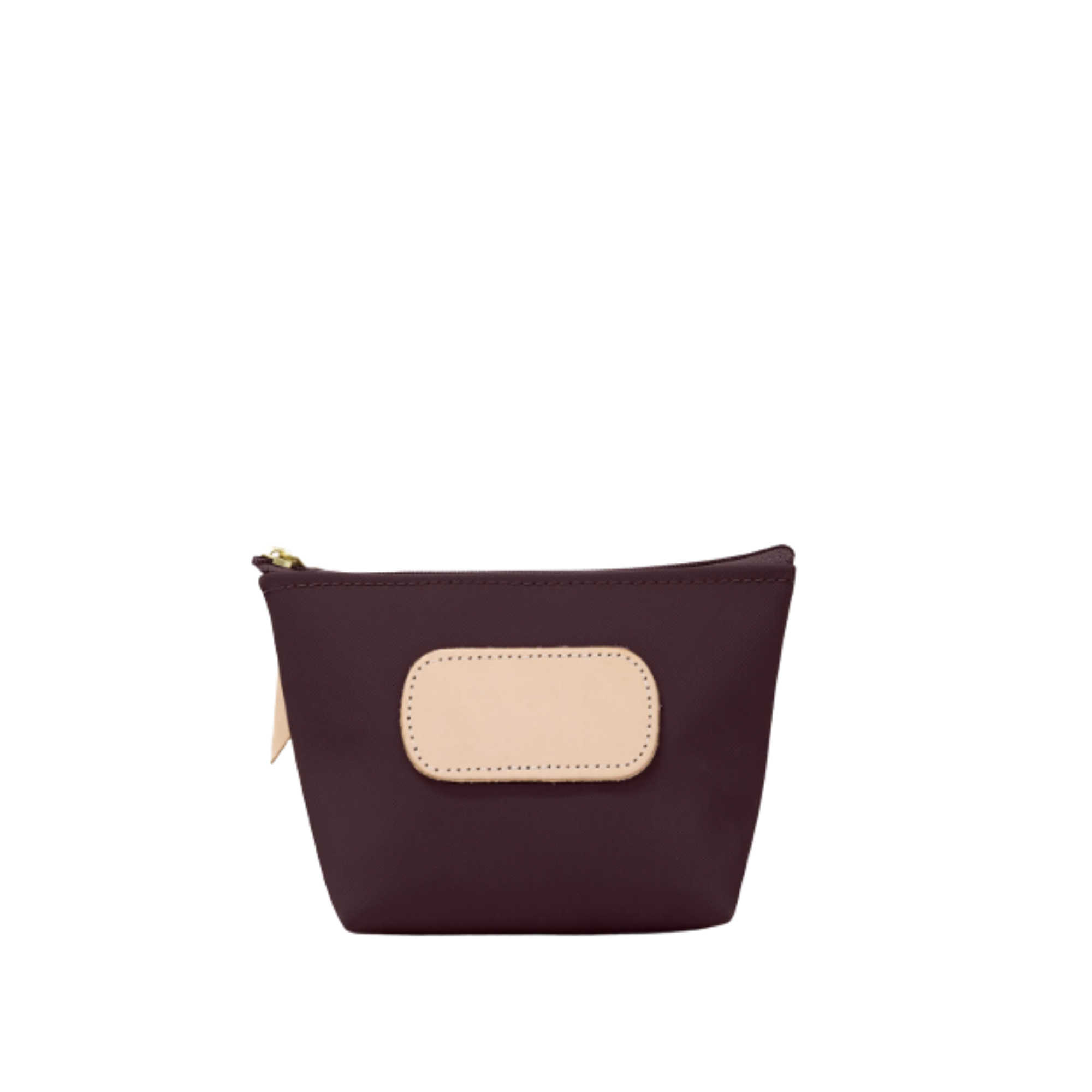Small purple pouch with a beige patch on a white background