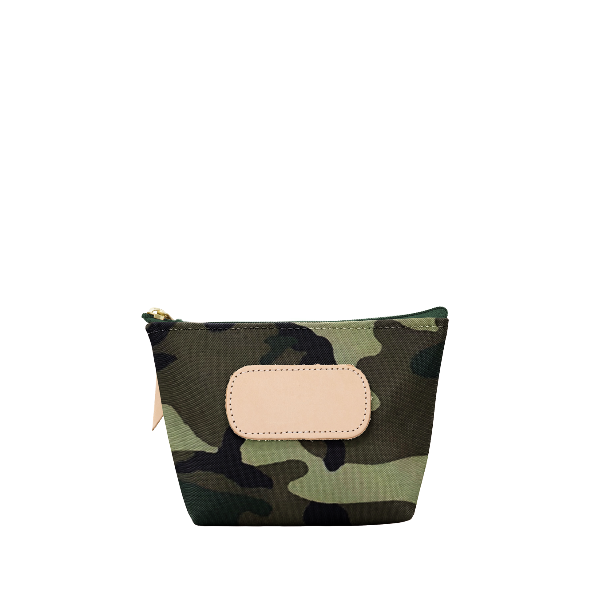 Camouflage pouch with a beige patch on a white background