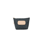 Small pouch with patterned design and beige patch on a black background