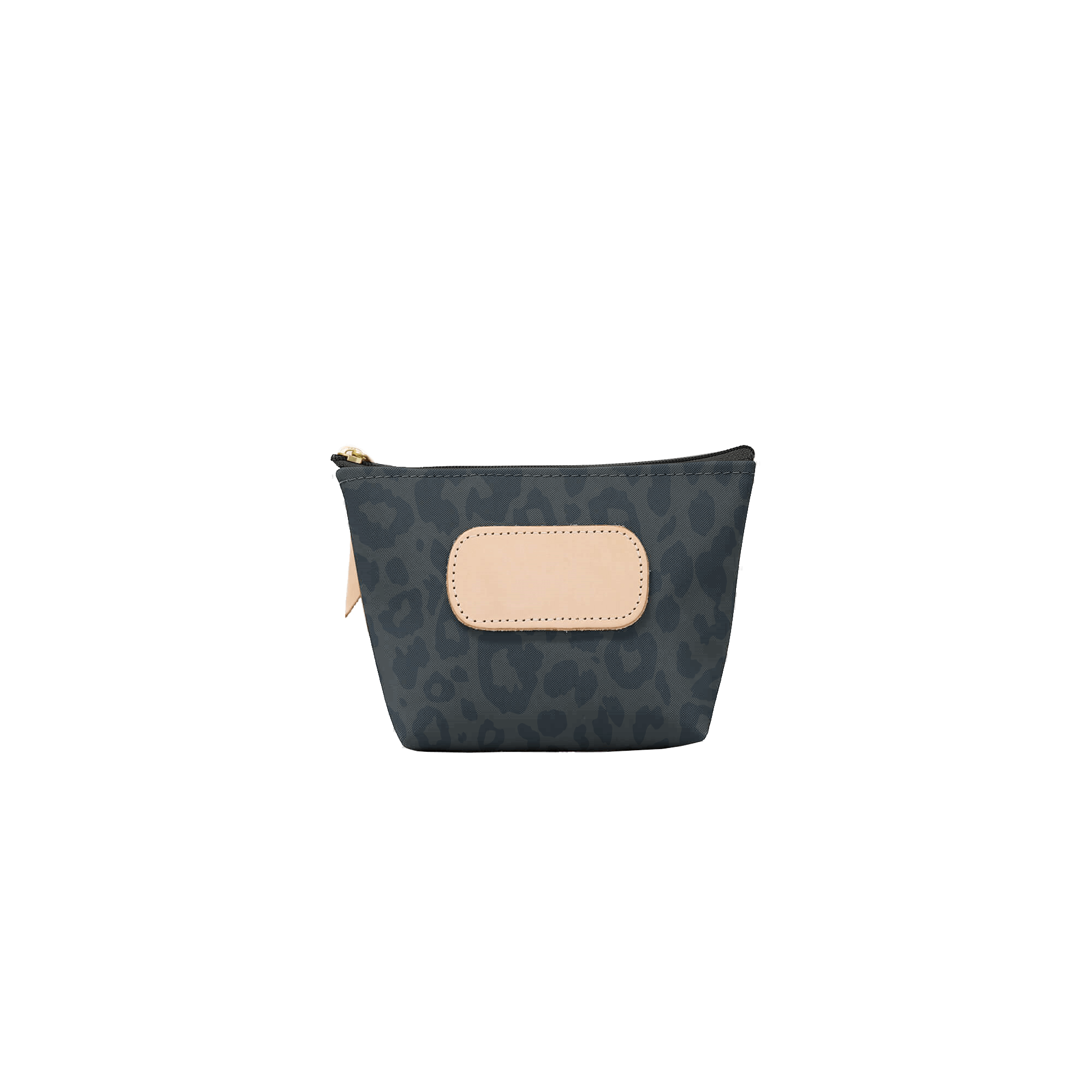 Small pouch with patterned design and beige patch on a black background