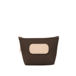 Brown pouch with a beige patch on a white background