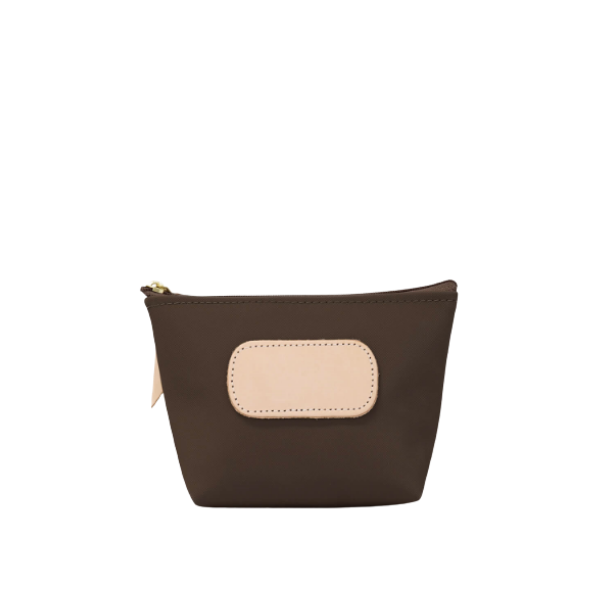 Brown pouch with a beige patch on a white background