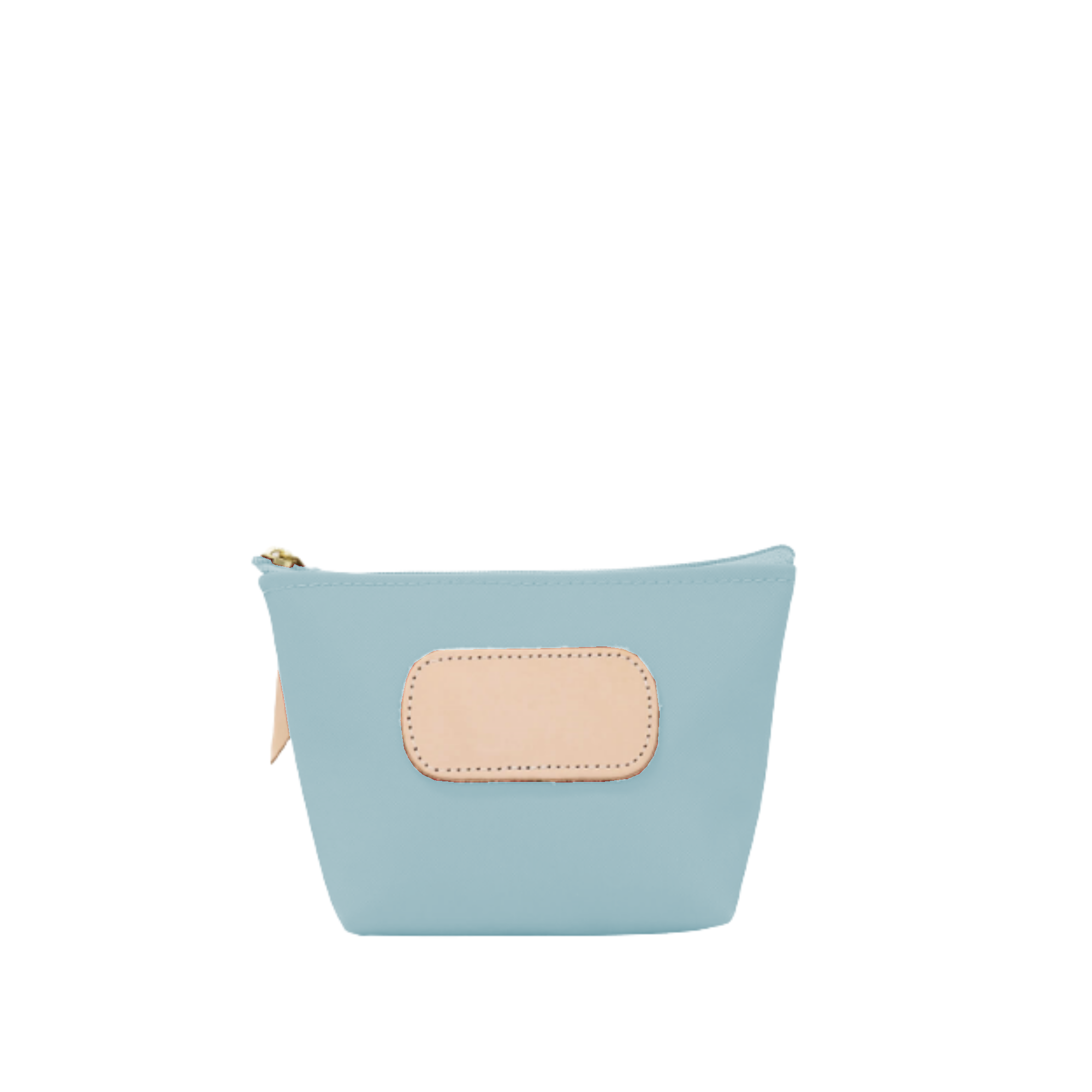 Light blue pouch with a beige patch on a white background