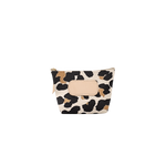 Leopard print pouch with beige flap on a white background